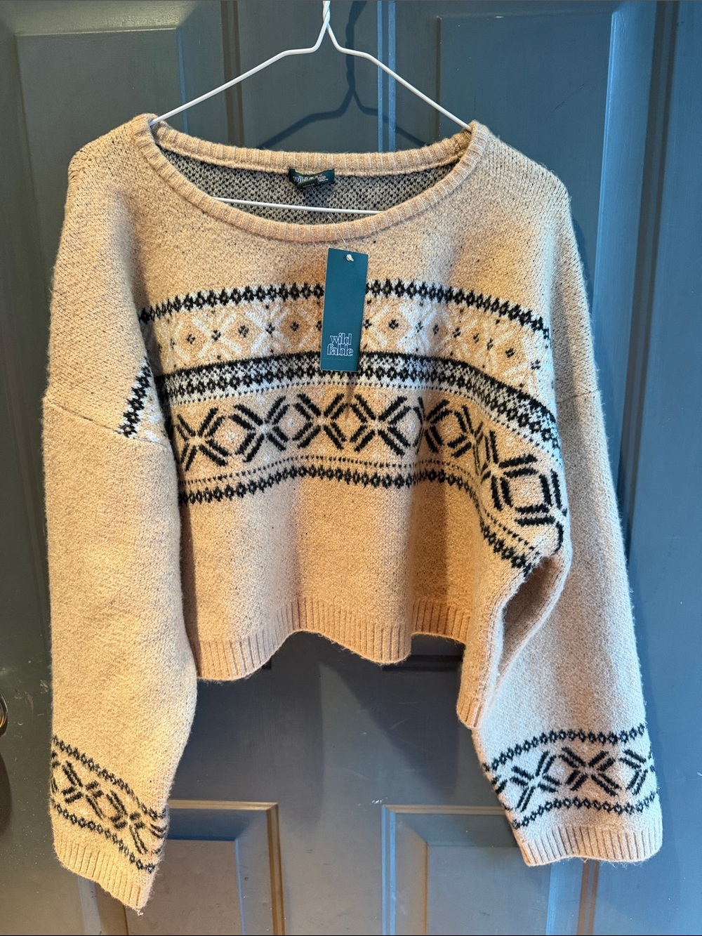 wild fable Cream and Black Patterned Cropped Sweater